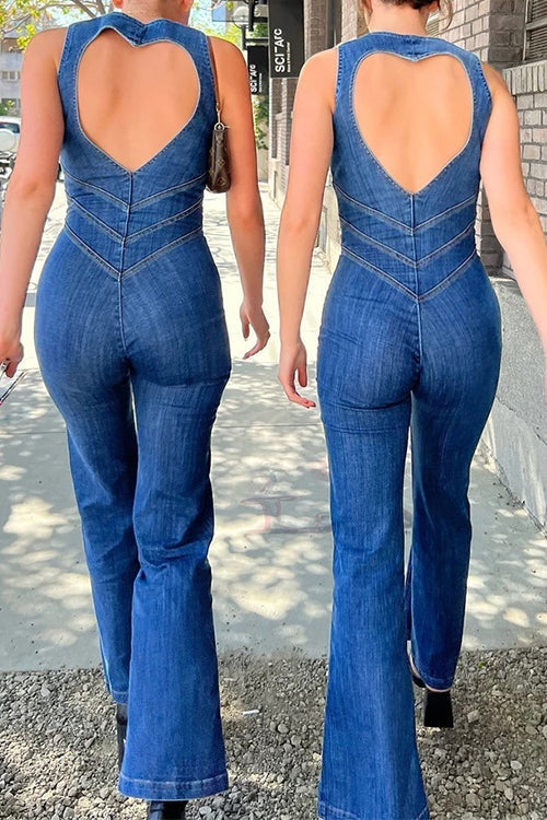 Zip Up Sleeveless Heart Back Bell Bottom Denim Jumpsuit