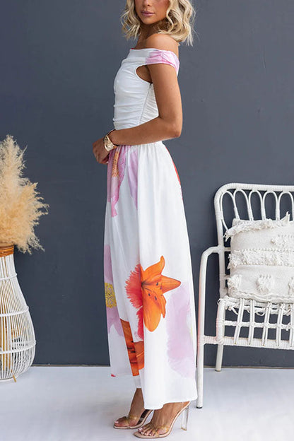 Boat Neck Waisted Print Swing Maxi Dress