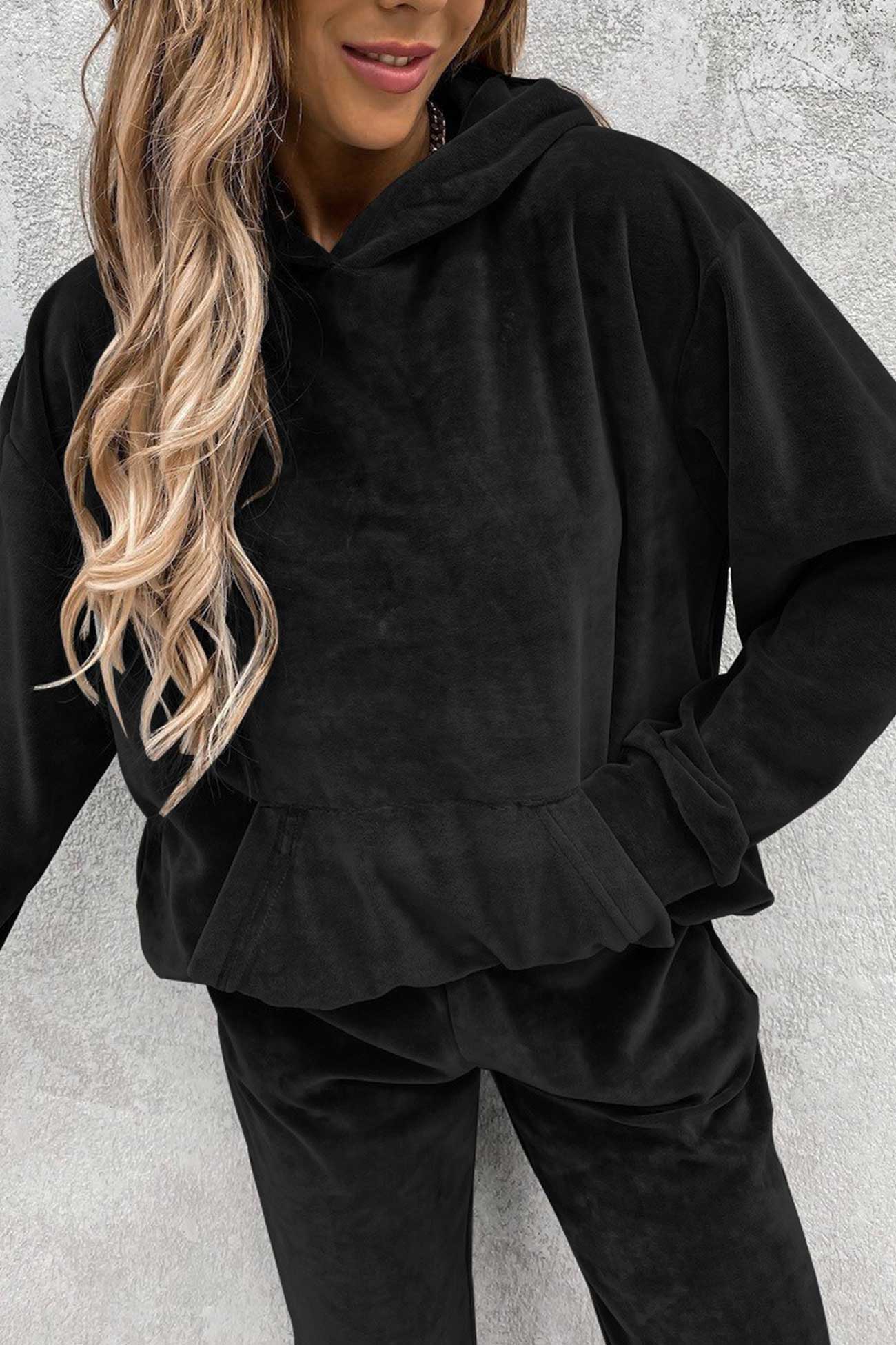 Velour Color Hoodie Long Pants Set