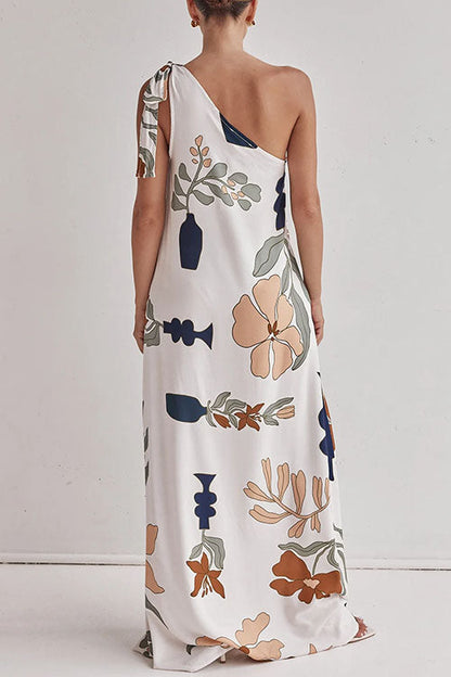 Tie Knot One Shoulder Print Maxi Dress