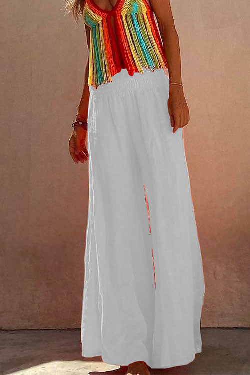 Smocked Elastic Waist Baggy Wide Leg Cotton Linen Pants