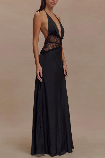 Halter Patchwork Backless Maxi Dress