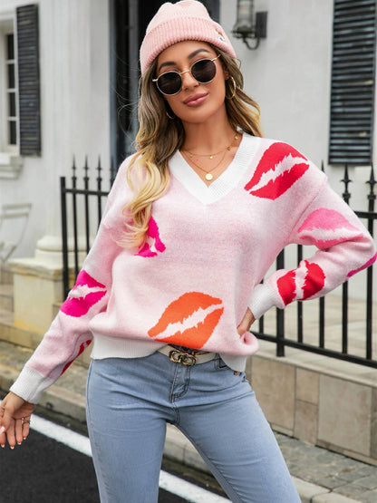 Lips of Love V-neck Knit Pullover Sweater