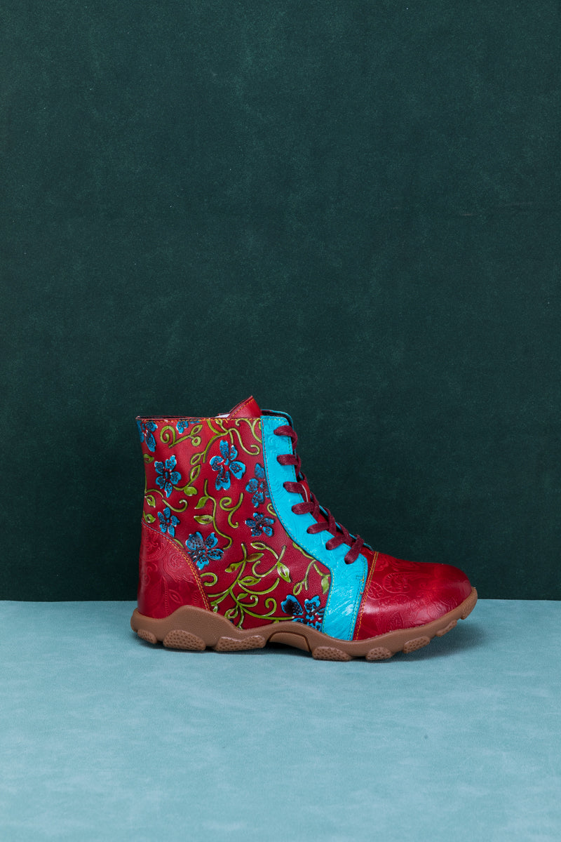 Soffia | Swirl Embossed Lace Up Leather Combat Boot