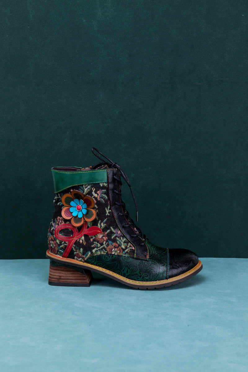 Soffia | Appliqued Lace Up Leather Ankle Boot
