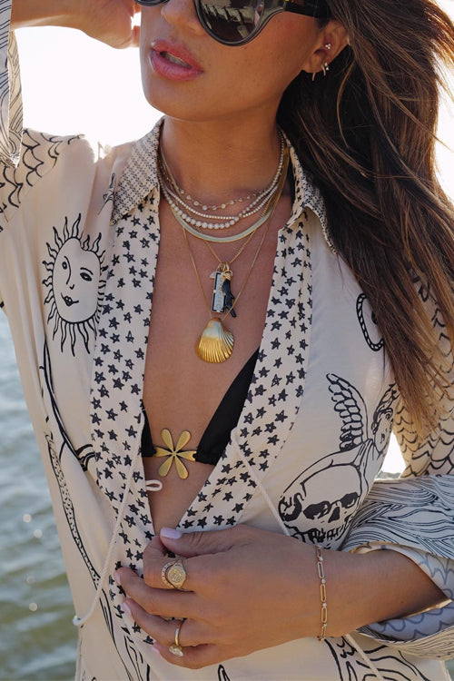 Moxidress Collared V Neck Shirt and Side Slit Shorts Vitamin Sea Print Set