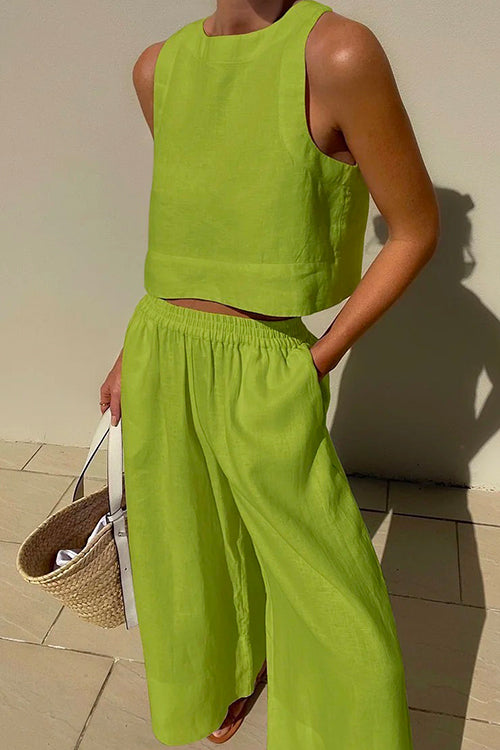Crewneck Crop Tank Top Elastic Waist Wide Leg Pants Set