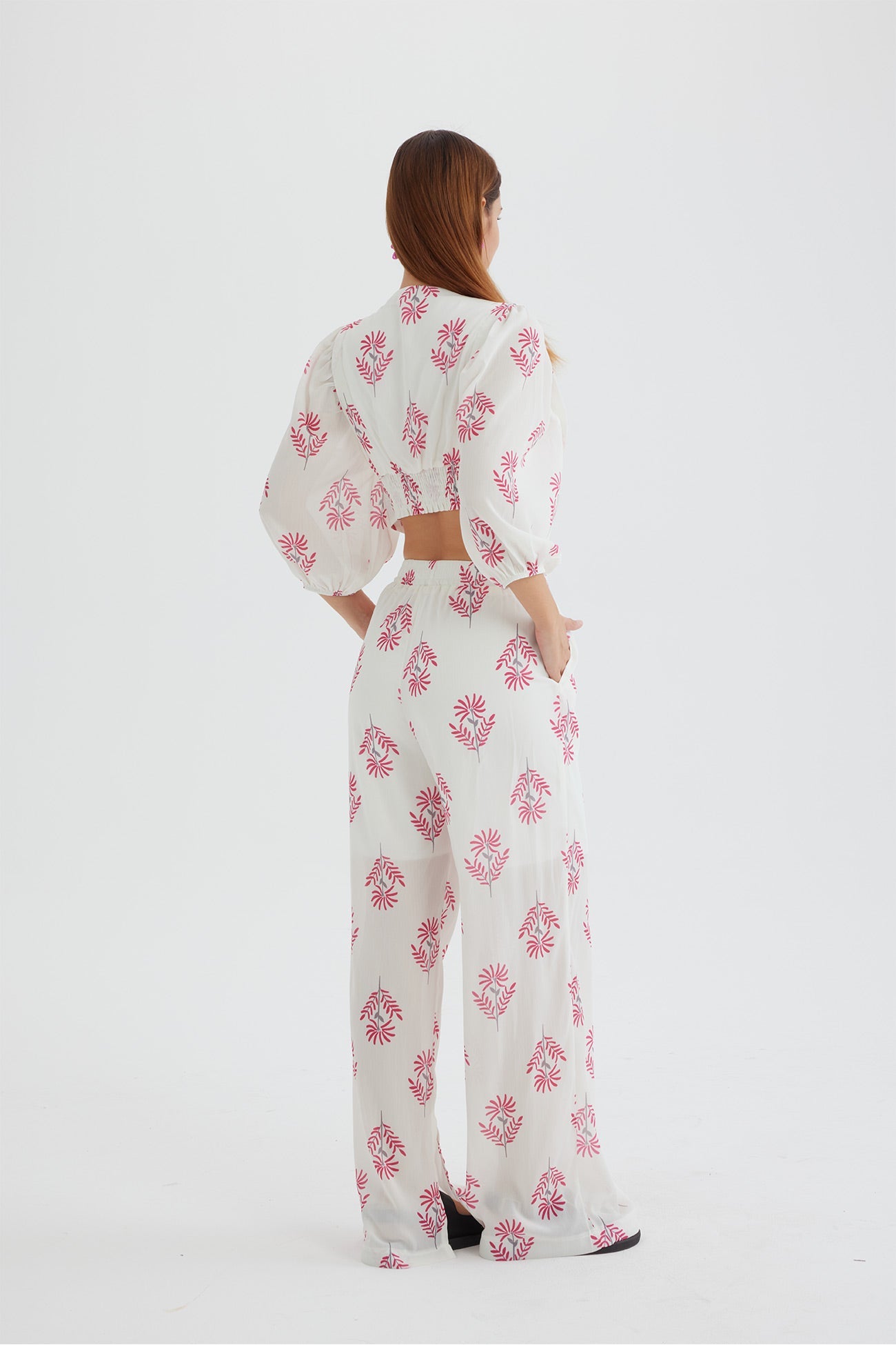 Print Puff Sleeve Knotted-front Tops Long Pants Suits
