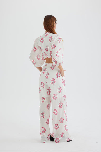 Print Puff Sleeve Knotted-front Tops Long Pants Suits