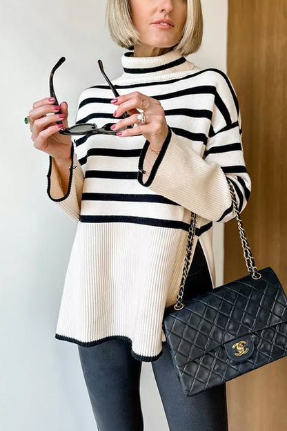Turtleneck Side Split Striped Sweater