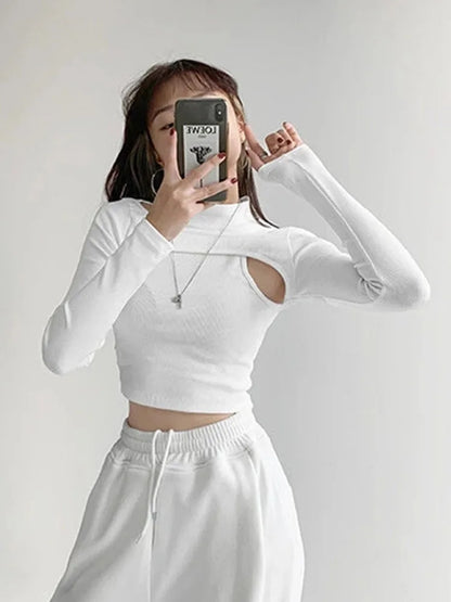 Hollow Knitted Crop Tops New Fitness Fake Two-piece T-shirt Female Black White Long Sleeve Tops