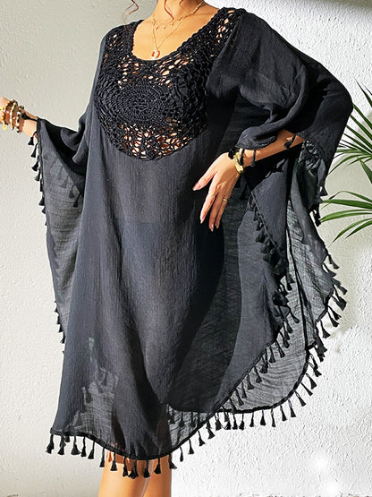 Batwing Sleeves Loose Hollow Color Sun Protection Tasseled Round-neck Cover-ups Tops Midi Dresses