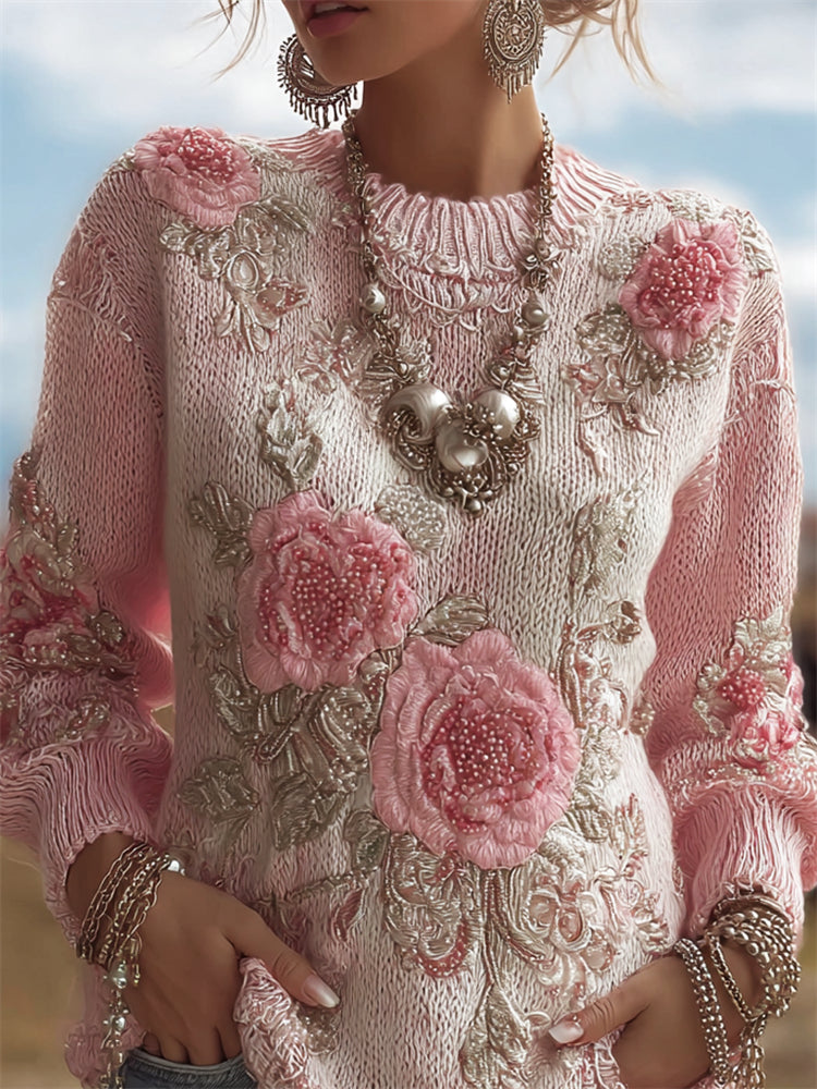 Comstylish Vintage Pink Roses Beaded Embroidered Cozy Knit Sweater