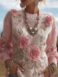 Vintage Pink Roses Beaded Embroidered Cozy Knit Sweater