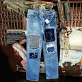 Japanese Style Sashiko Spliced ​​cat Pattern Design Jeans