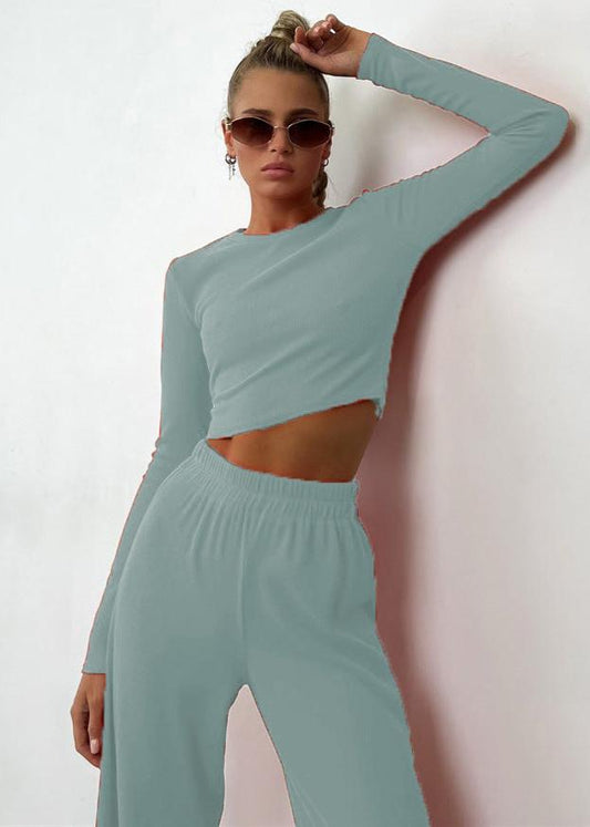 Sleek Comfort - Long Sleeve Crop Top and Wide-leg Pants Set