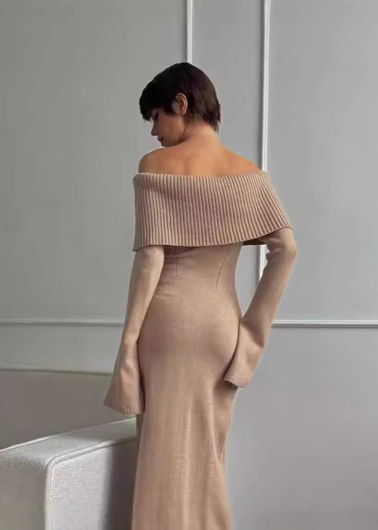 Off-shoulder Elegance - Ribbed Knit Maxi Dress