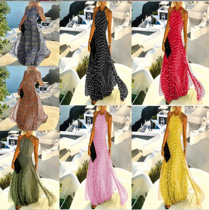 Polka Dot Print Halter Neck Long Dresses Backless Leace-up Sleeveless Pleated Dress Summer Vacation Style Vestidos