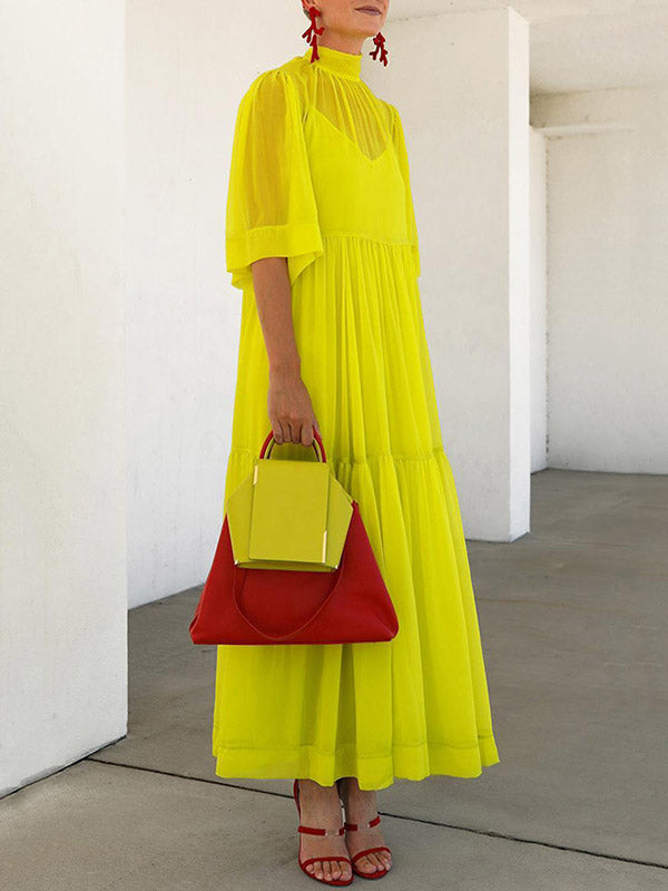 Loose Color Split-joint Inner Dress + Mesh Pleated Mock Neck Outer Dress Two Pieces Set