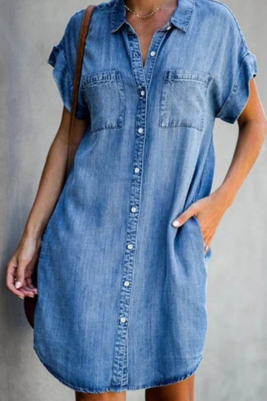 Short Sleeve Slim Denim Midi Dress