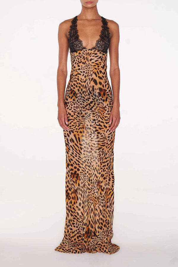 Rosalinda Abstract Print Lace Patchwork Back Lace-up Maxi Dress