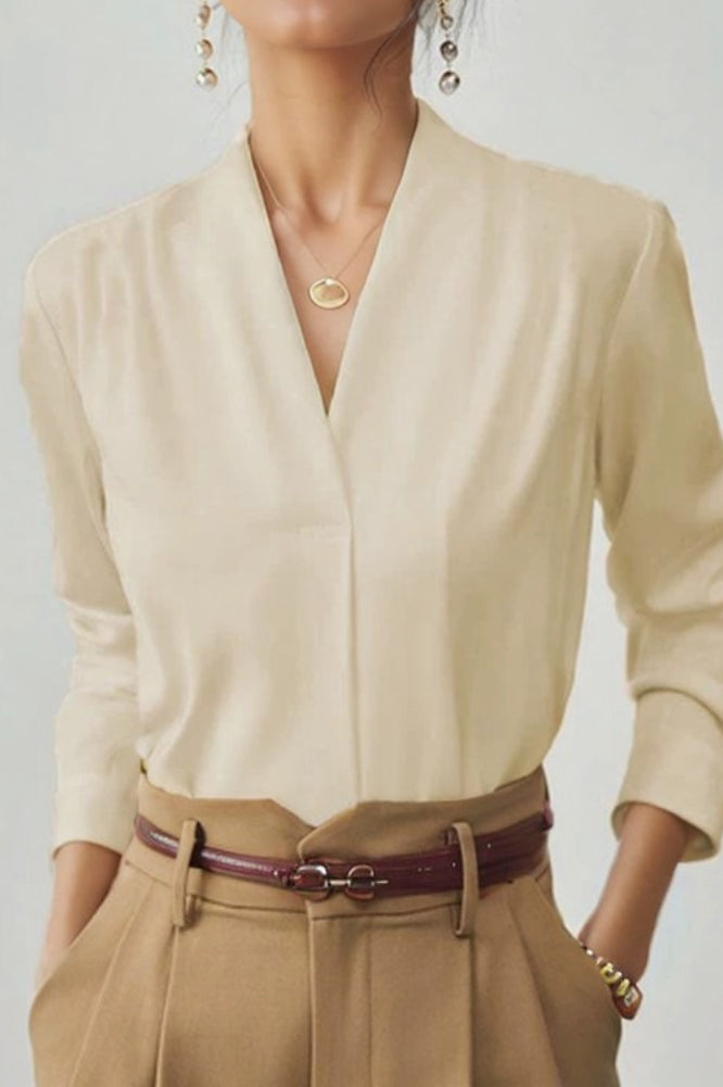 V Neck Satin Long Sleeve Blouse