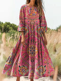 Women's Vintage Floral Totem Art Print Flowy Cotton Crew Neck Dress