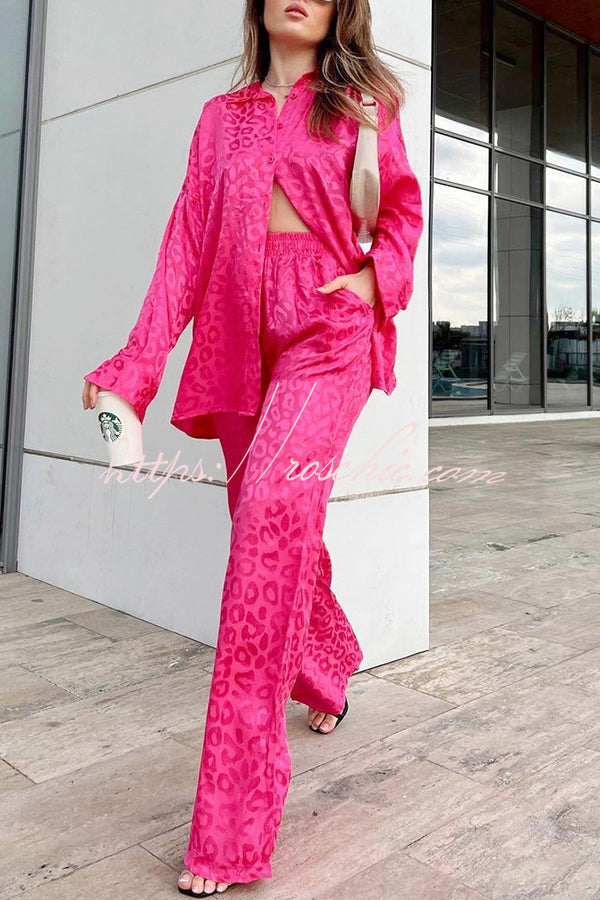 Leopard Print Jacquard Long Sleeved Shirt With Elastic Waist and Pant Two Piece Set