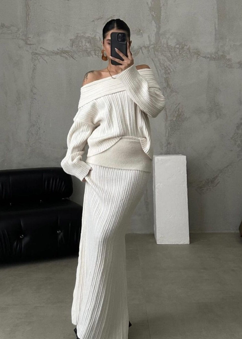 Luxe Comfort - Off-shoulder Knit Two-piece Set