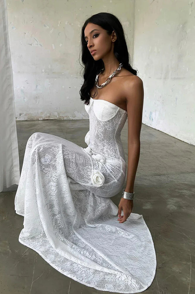 Sheer Lace Strapless 3d Train Maxi Dress