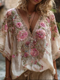 Bohemian Style Romantic Rose Three-dimensional Embroidery Short Sleeved V-neck Vintage Top elevenforest