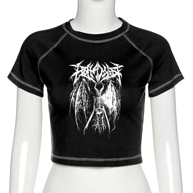 ’s T-shirt Harajuku Crop Top Harajuku Retro Korean Black Demon Punk Gothic Anime Print Clothes Slim Anime