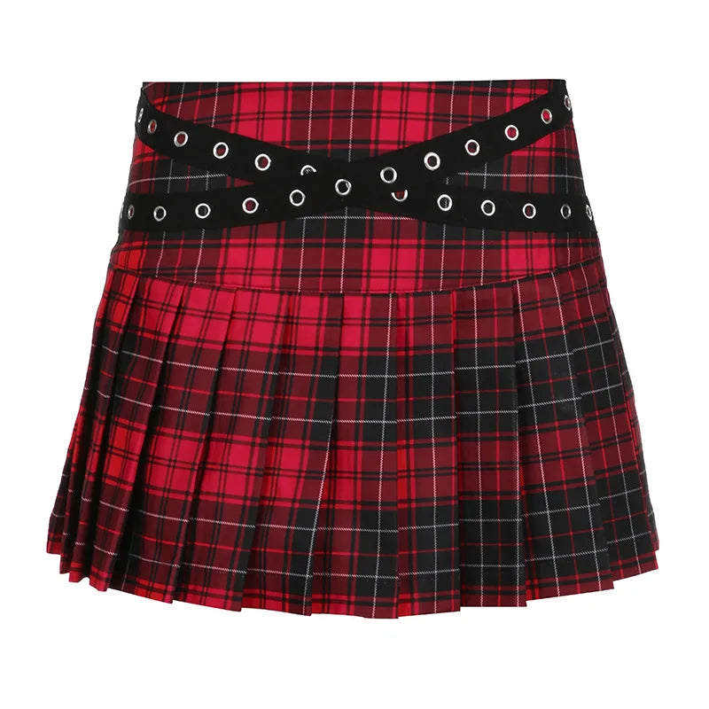 90s Grunge Plaid Mini Gothic Eyelet Strap Pleated Y2k Techwear A-line Skirt