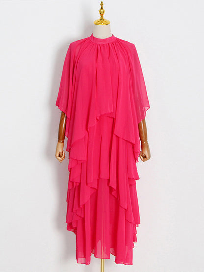 Loose Raglan Sleeve Color Tiered Stand Collar Maxi Dresses