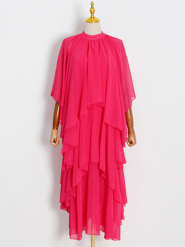Loose Raglan Sleeve Color Tiered Stand Collar Maxi Dresses