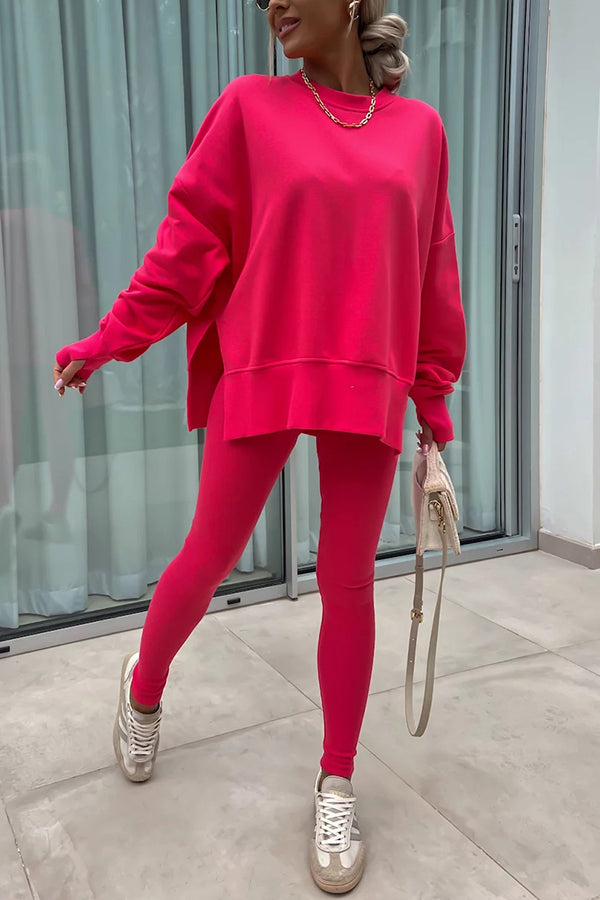 Color Loose Long Sleeve Slitsweatshirt and Elastic Waist Tight Pants Set