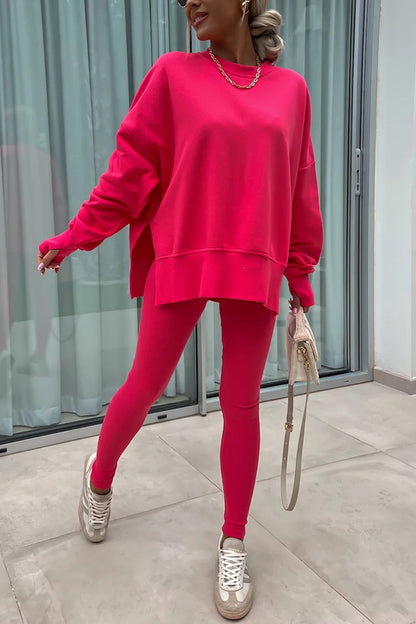 Color Loose Long Sleeve Slitsweatshirt and Elastic Waist Tight Pants Set