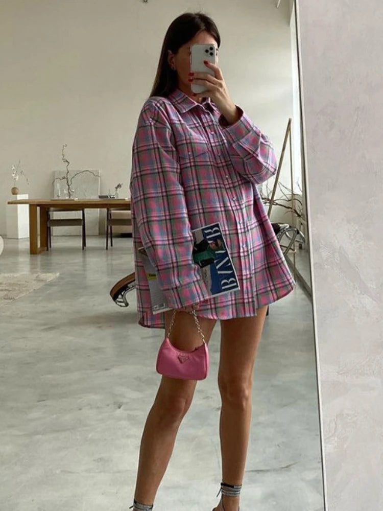 Plaid Blouse Pink Retro Loose Long Sleeve Tops Autumn Trun Down Cotton Shirts Autumn