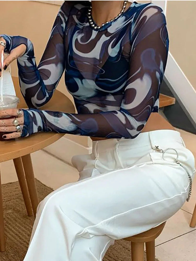 Female Crop Tops Mesh Sheer Print Round Neck Long Sleeve T-shirt Pullovers Y2k Harajuku Tops