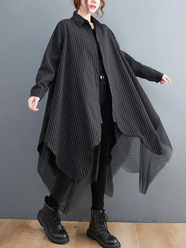 Loose Striped Gauze Split-joint Lapel Long Dress