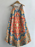 Women's Colorful Ethnic Totem Floral Art Print V-neck Pocket Cotton Dr