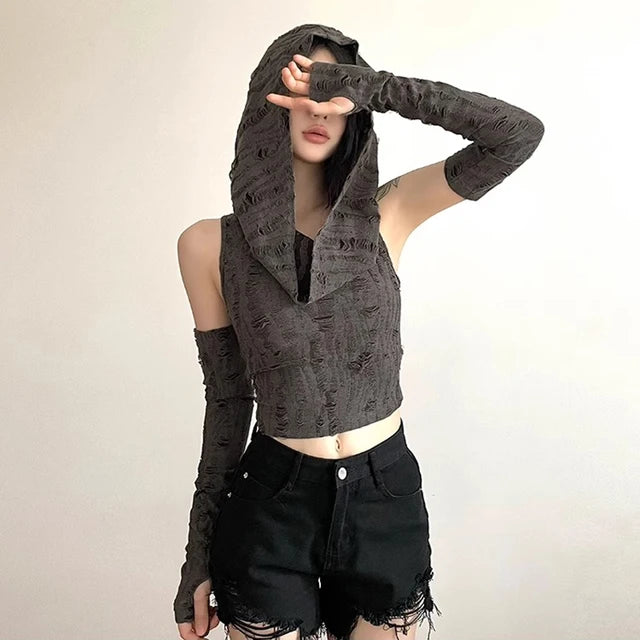 Hole Oversleeve Crop Top Aesthetic Black T-shirts Y2k Retro Hooded Tops Punk Tee Shirt Summer