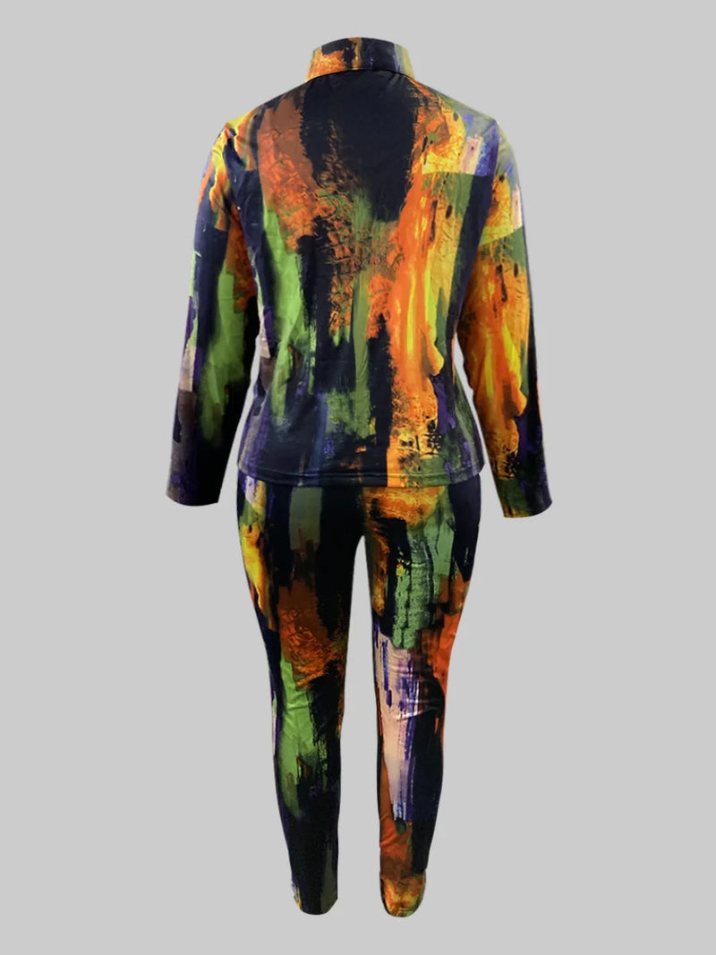 Tie Dye Regular Fit Pants Set Shirt Collar Gradient Print Pattern Two Piece Outfit Matching Suit for