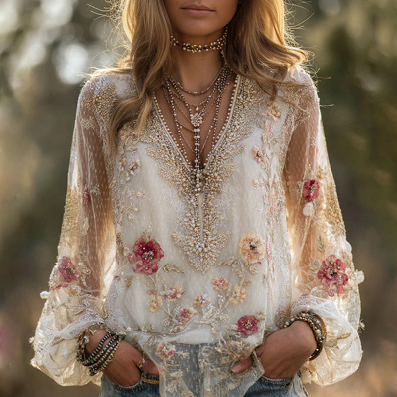 Women's Casual Retro Bohemian Embroidered Floral Print T-shirt elevenforest