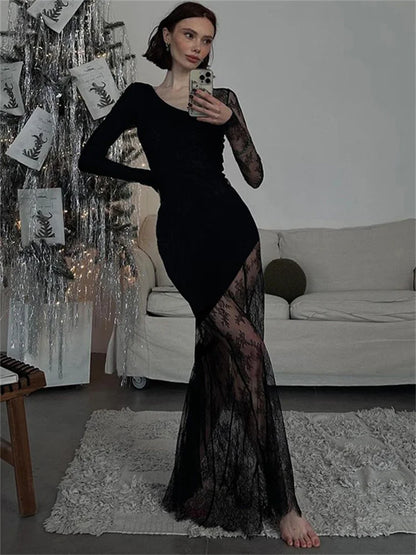 Printed See-through Black Maxi Dress High Waist Lace Slim Mesh Patchwork Long Dress Party Looks Female Dress
