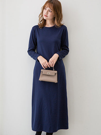 Simple Color Round-neck A-line Midi Dress