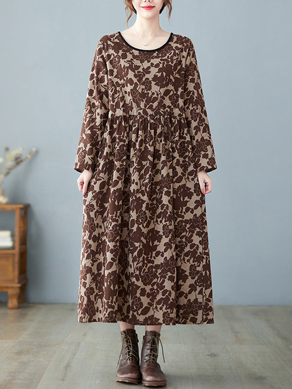 Artistic Retro Ramie Cotton Printed Pleated Round-neck Long Sleeves Midi Dress