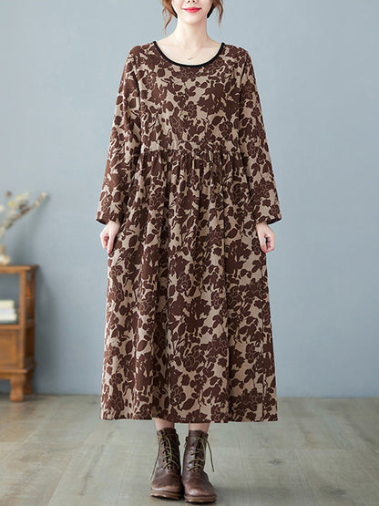 Artistic Retro Ramie Cotton Printed Pleated Round-neck Long Sleeves Midi Dress