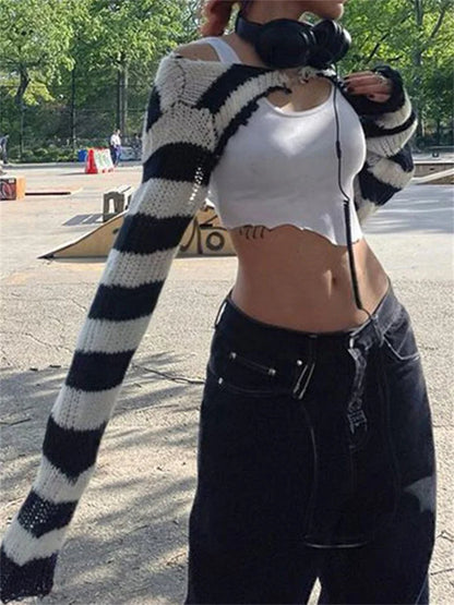Knit Shrugs Tops for Black and White Striped Mini Cardigan Knitwear Long Sleeve Drop Shoulder Shrug Top Y2k E-