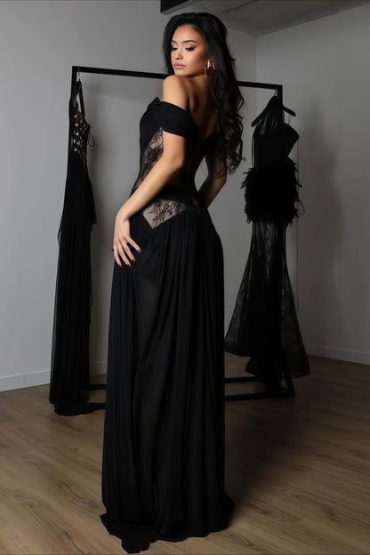 Lace Patchwork Cutout Sheer Slit Maxi Dress